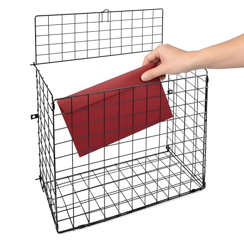 Unibos Large Letterbox Cage Mail Catcher – Heavy Duty Metal Letter Box Guard Basket for Door, Dog Proof Indoor Post Catcher with Flip Lid & Fixings, Easy Install, Black