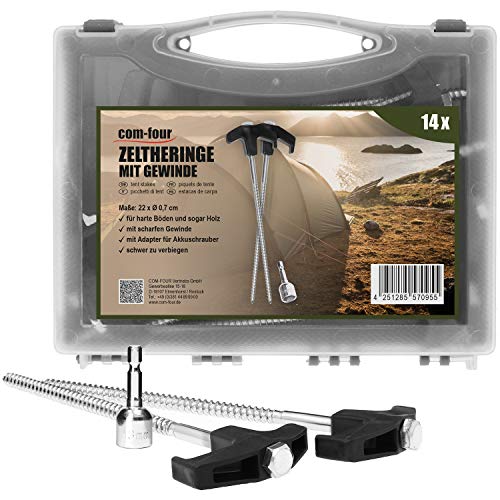 ® 14x Zelt-Heringe aus Stahl mit Adapter für Akkuschrauber - Schraubheringe im Koffer - robuste Erdnägel mit Gewinde für Camping und Outdoor -