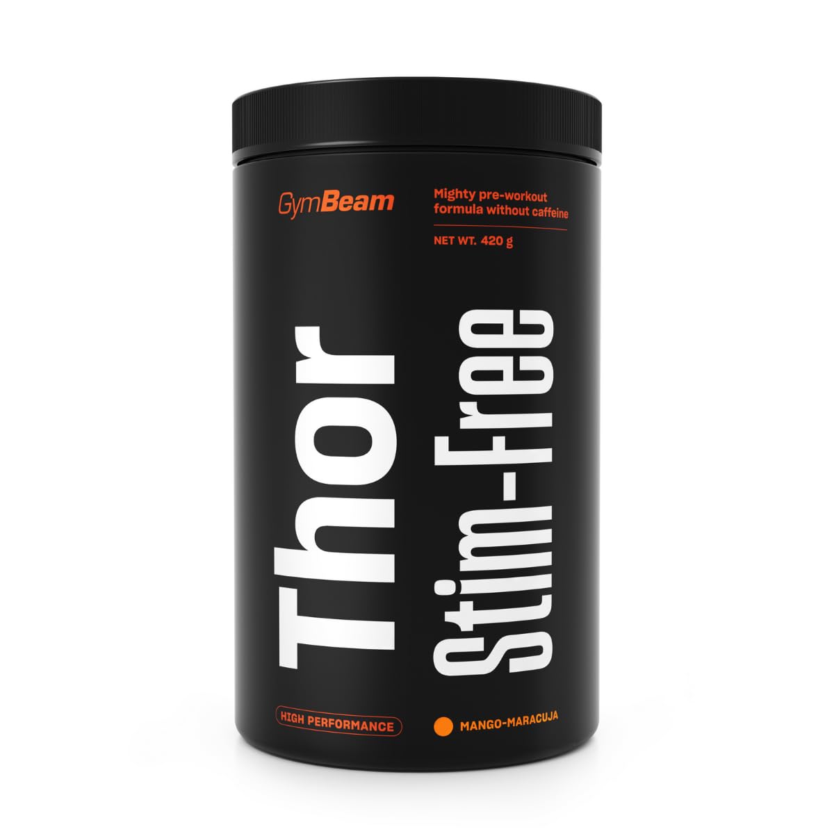 GymBeam - Thor Stim-Free Pre Workout 420 g, Pre Workout Senza Caffeina, Booster per Crescita Muscolare e Prestazioni Elevate, Riduce Affaticamento e Spossatezza (420 g, Mango-Maracuja)