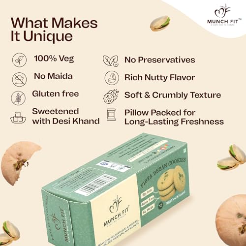 Image of Munch Fit Pista Besan Cookies, Crunchy & Tasty Egg Less Cookies 125gm Pack of 3 | Gluten Free, No Maida, Sugar-Free | Almond & Pistachio Healthy snacks | High Fiber Protein & Iron-Rich