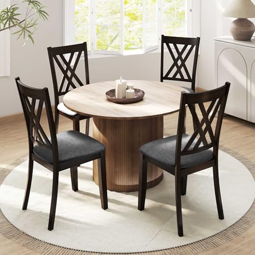 Image of COSTWAY Wooden Dining Chairs Set of 4 with Fabric Padded Seat, Grey | Farmhouse Armless Kitchen Side Chair with Rubber Wood Frame & High Back for Dining Room, Living Room and Restaurant