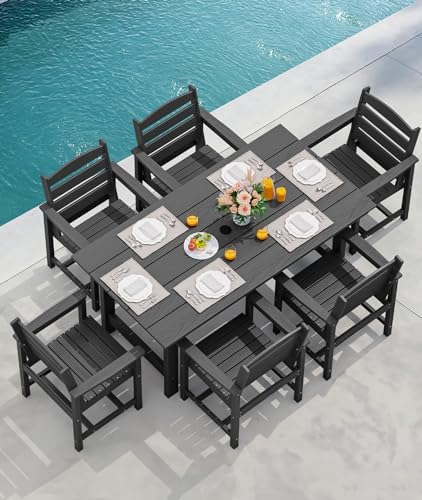 SERWALL 8-Pc HDPE Dining Set, 1 Table, 1 Umbrella & 6 Chairs, Black — view 7