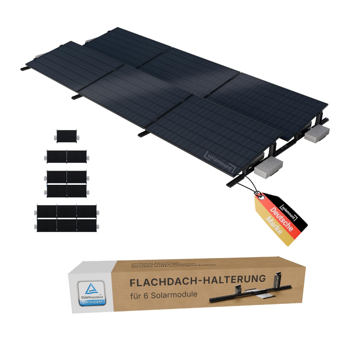 PV Flachdach Halterung ohne Bohren | Für 6 Module | Schwarz | Flachdach oder Bodenmontage | Einfache Montage