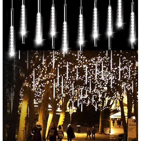 Aluan Christmas Lights Outdoor Meteor Shower Lights White 16 Inch 10 Tubes 360 LED Falling Rain Lights Waterproof Snowfall Dripping Icicle Lights for Xmas Tree Holiday Decoration Yard Porch Patio Cover