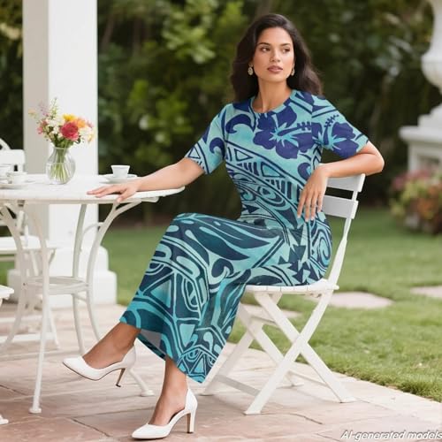Image of Polynesian Dress for Women Short Sleeve High Waist Maxi Skirt | Puletasi dress, t-shirt and skirt two-piece, elastic material, lightweight, soft, plus size, luau party, wedding, clubwear