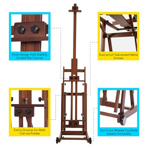 Image of MEEDEN Studio H-Frame Easel -Adjustable Beech Wood Studio Art Easel, Painting Floor Easel Stand, Movable and Tilting Flat Available, Holds Canvas Art up to 77 inch,Classic Walnut