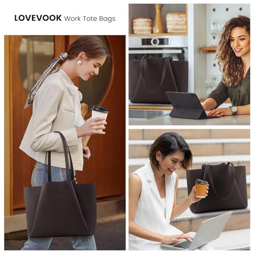 Image of LOVEVOOK Laptop Tote for Women - 15.6 Inch Faux Leather Laptop Bag with Clutch, Large Capacity Office Purse Computer