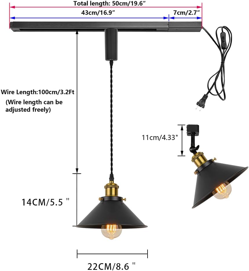 1x Plug in Cable Track Rail, 1X Adjustable Cord, 1x Adjustable Angle Black Metal E26 Base Track Lighting Fixtures H-Type Vintage Design for Kitchen Loft(No Bulb)