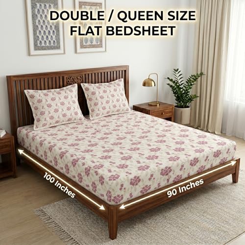 Image of Mafatlal 186 TC Grace Double Bed Sheet Pure Cotton | 90 x 100 Inches | 186 TC | Soft, Breathable & Smooth Fabric | Elegant Weave with 2 Pillow Covers | Diva Pink