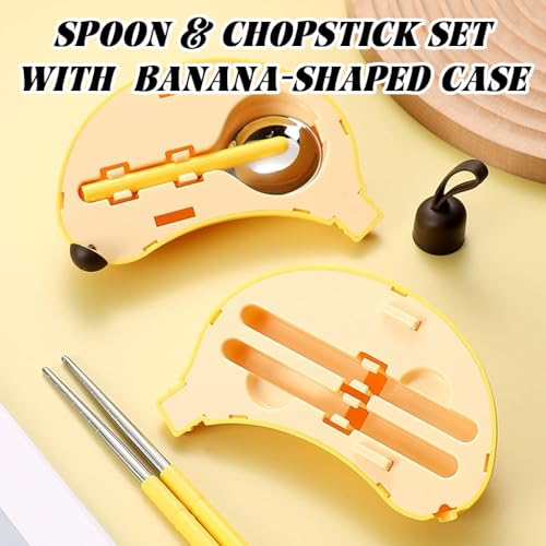 Image of Supvox Spoon and Fork Set with Case - Cartoon Banana Style Utensils Storage Case Spoon Box for Lunch Bag Yellow Handle Stainless Steel Utensils for School, Picnic, Outdoor, Office