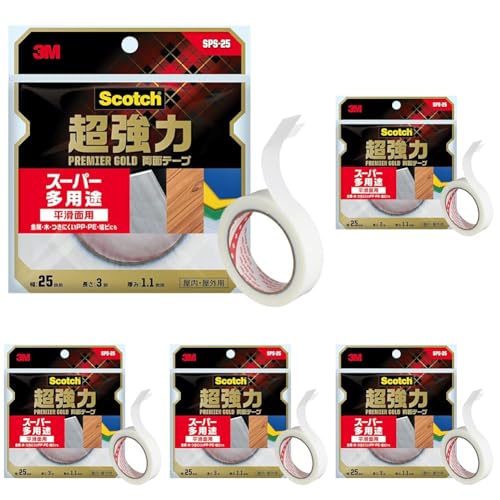 3M 両面テープ 超強力 スーパー多用途 幅25mm 長さ3m スコッチ SPS-25 セミロング プレミアゴールド (× 5)