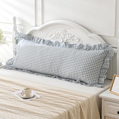 Blue White Plaid Ruffled Body Pillow Sham Washed Cotton Shabby Checkered Gingham Pillow Cover 20"x54"
