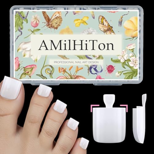 AMiLHiTon PURE MILKY WHITE Toe Nail Press Ons 150PCS Square Full Cover Soft Gel Toe Tips 15 Sizes Pre-Shaped Press On Toenails for Wide Toenail Beds DIY French Pedicure & Salon