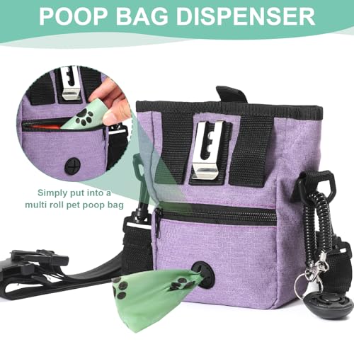 KHPR Dog Treat Pouch Magnetic Closure with Training Clicker,Hands-Free Design to Prevent Spills,Built in Poop Bag Dispenser,3 Ways To Wear,Metal Clip Waist Belt and Fanny Pack for Pet Walking(Purple)