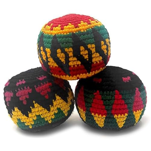 Mia Jewel Shop Rasta Footbag Sack for Kick Ball Assorted Sets Crochet Foot Bag for Adults Juggling Balls for Beginners Multicolored Geometric Pattern Handmade Guatemalan Crafts (3 Pieces)