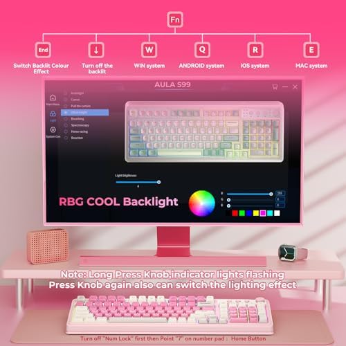 AULA 99 Key Keyboard, Wireless Gaming Keyboard Bluetooth Computer Keyboards Creamy Cute with Number Pad RGB Backlit Tri-Mode BT/2.4GHz/USB-C - Pink - 3