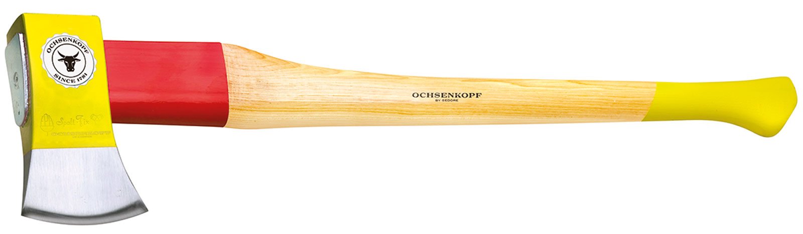 Ochsenkopf Spalt-Fix-Axt, Spaltaxt mit Rotband-Plus Stielbefestigung, Langlebiger Stiel, 2,15 kg & Kunststoff-Fällkeil, Schlagfest und Kältebeständig, KWF-Profi Qualität, Hubhöhe 25 mm, Yukon