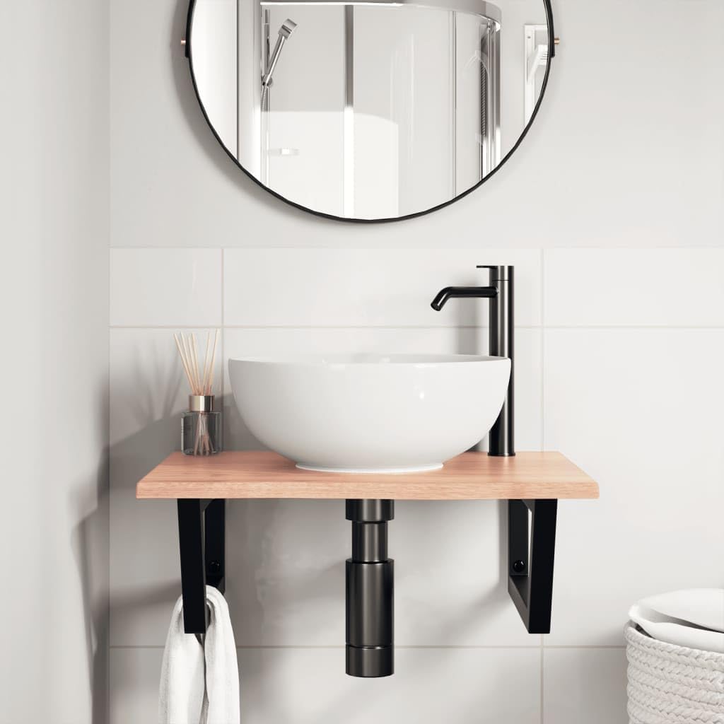 Wall Mounted Basin Shelf with Steel Structure and Solid Oak Wood Top, Floating Bathroom Storage for Towels and Small Items, Modern Design Space Saving Solution, Easy