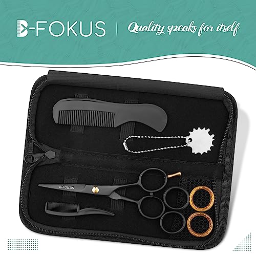 B-Fokus Multi-Use Mustache And Beard Scissors, 5-Inch Black German Steel Grooming Scissors For Beard And Mustache Care, Beard Scissors For Men Come With A Gorgeous Zipper Case And Comb Set #TOP4