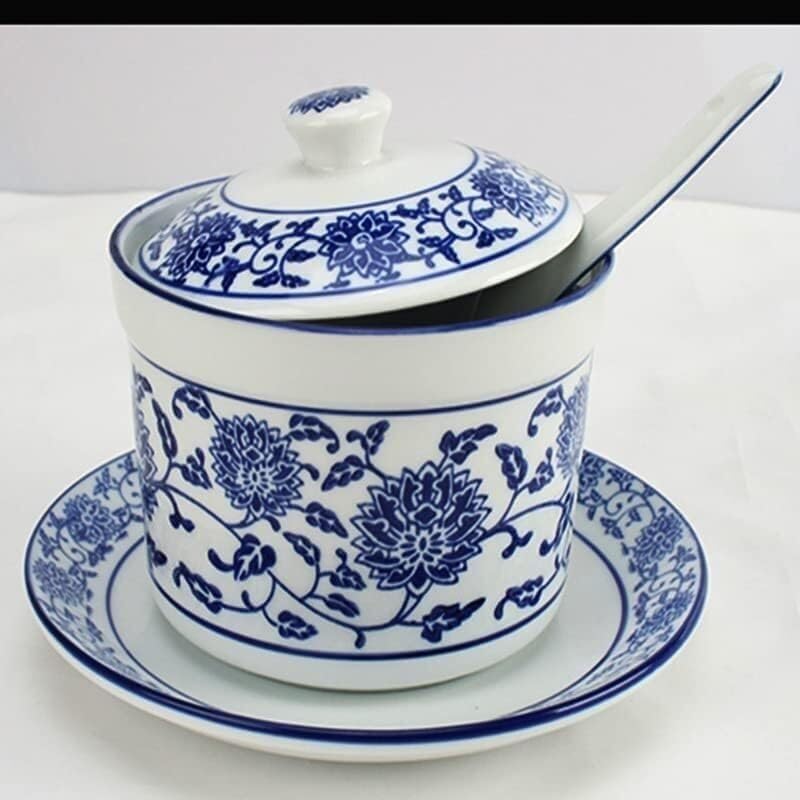 Sucrier, Sucrier en céramique Pot à soupe bleu et blanc Pot de stockage assaisonnement avec couvercle