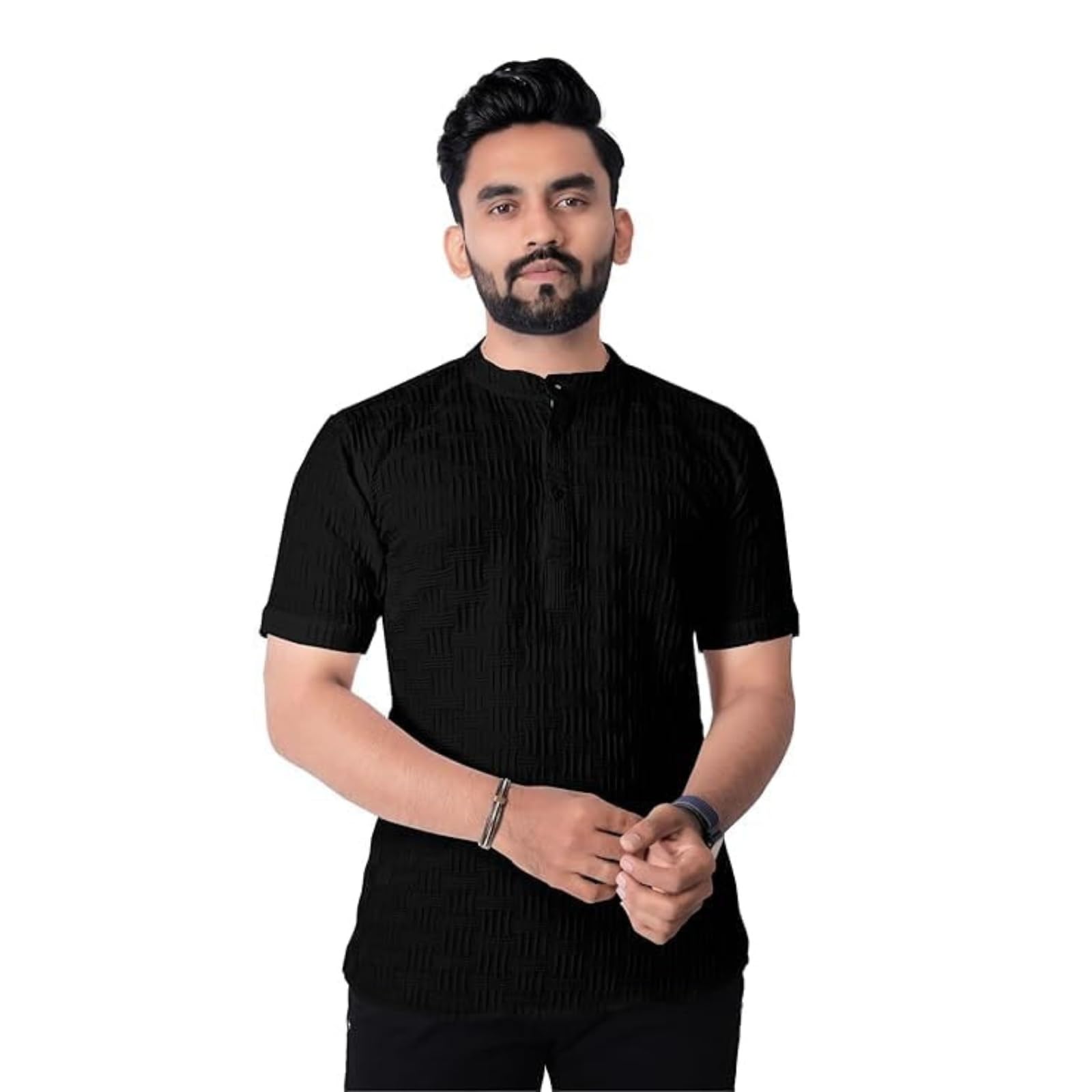paralians Men's Polycotton Popcorn T-Shirt with Half Sleeves Solid Pattern Mandarin Collar Western Style Textured Pattern and Standard Length | Shirt Regular Fit for Men Shirt for Men-picture-15