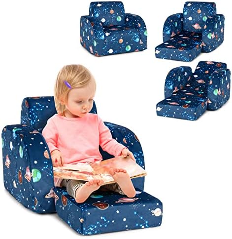 Costzon Kids Sofa, 3 in 1 Convertible Flip Open Couch w/Foam-Padded Seat, Velvet Fabric, Toddler Armrest Chair Bed for Nap Play Sleep, Fold Out Lounger, Ideal Gift for 0-3 Years Old Children (Planet)
