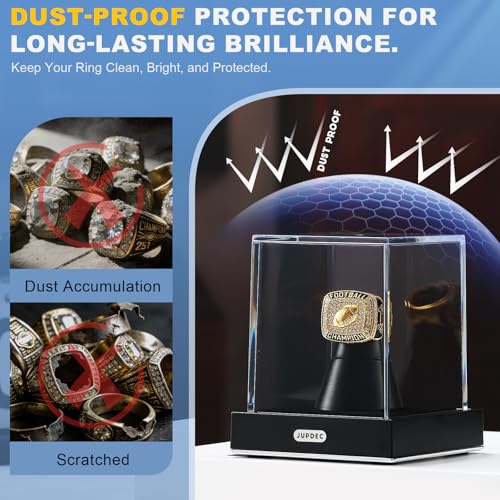 Image of JupDec Championship Ring Display Case, Clear Acrylic Single Ring Holder with Durable Base, Dustproof Cube Showcase with Black Velvet Interior, Ideal Gift for Sports Memorabilia Fans