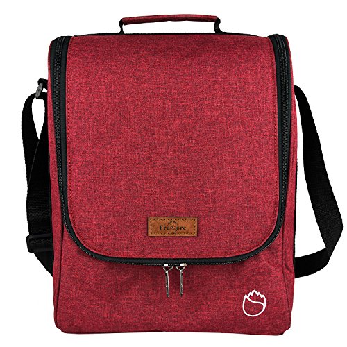 Freshore Insulated Wine 3 Bottle Carriers Tote Travel Cooler Gift Bag For Airplane Liquor With Padded Shoulder Strap (Wine Red)