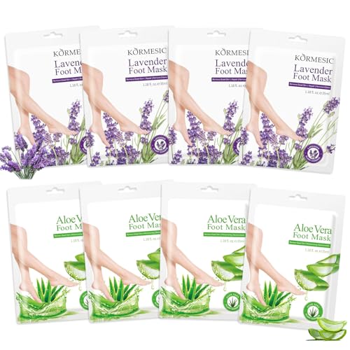 8 Paires Masque Pied, Aloe Vera& Lavande Masque Pieds Peeling Exfoliant – Peeling Pied Hydratant au Beurre dera Karité, pour Peaux Sèches et Abîmées
