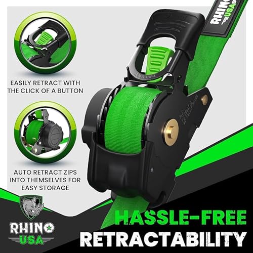 Image of Rhino USA Retractable Ratchet Straps (4-Pack) - 1 Inch x 10 Feet (1,209lb Break Strength) - Auto Self Retracting Tie Down Straps for Truck, Cargo Trailer, Motorcycle, ATV, UTV - Green