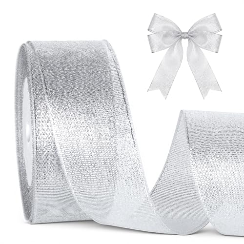 25 Yards Silver Glitter Ribbon 1.6 Inch Wide Sparkly Metallic Fabric Ribbon for Gift Wrapping Non-Fraying Polyester Ribbons Roll for DIY Crafts Wedding Bouquet & Holiday Decor
