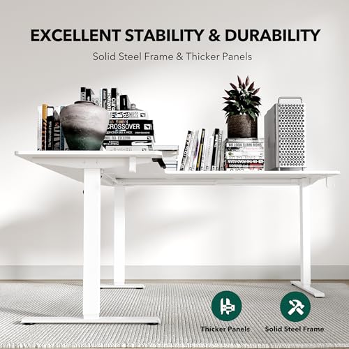 Image of FEZIBO 63 inch x 55 inchL Shaped Standing Desk Adjustable Height, 63 Inch Electric Stand up Corner Computer Desk, Sit Stand Home Office Desk with Splice Board, White