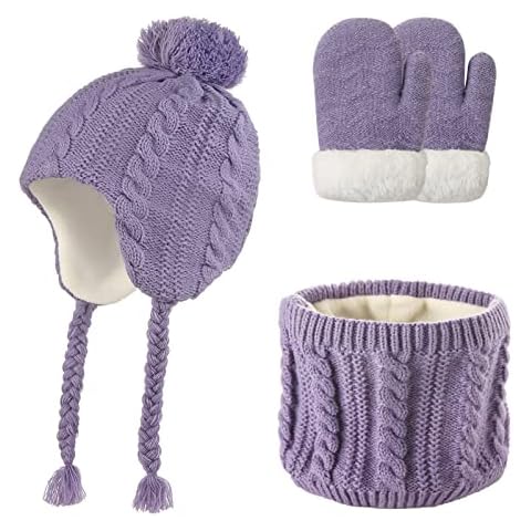 SEAUR - Baby Winter Hats Toddler Girls Boys Knit Hats Kids Thick Warm Fleece Lined Cap Kids Hat Scarf Gloves Set - Purple Cover