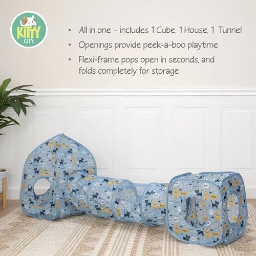 Image of Kitty City Blue Cat-Themed Cat Play Furniture Set, Collapsible Pop-Up Cat Toys Combo with Cube, Tunnel & House, Indoor Kitty Playground for Play, Hiding & Lounging