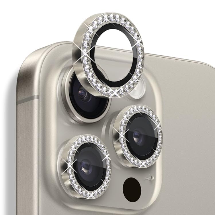 Image of Compatiable with iPhone 16 Pro / 16 Pro Max Camera Lens Protector Ring - Diamond Design | 9H Tempered Glass | HD Clear | Anti-Scratch | Anti-Drop Natural Titanium Diamond