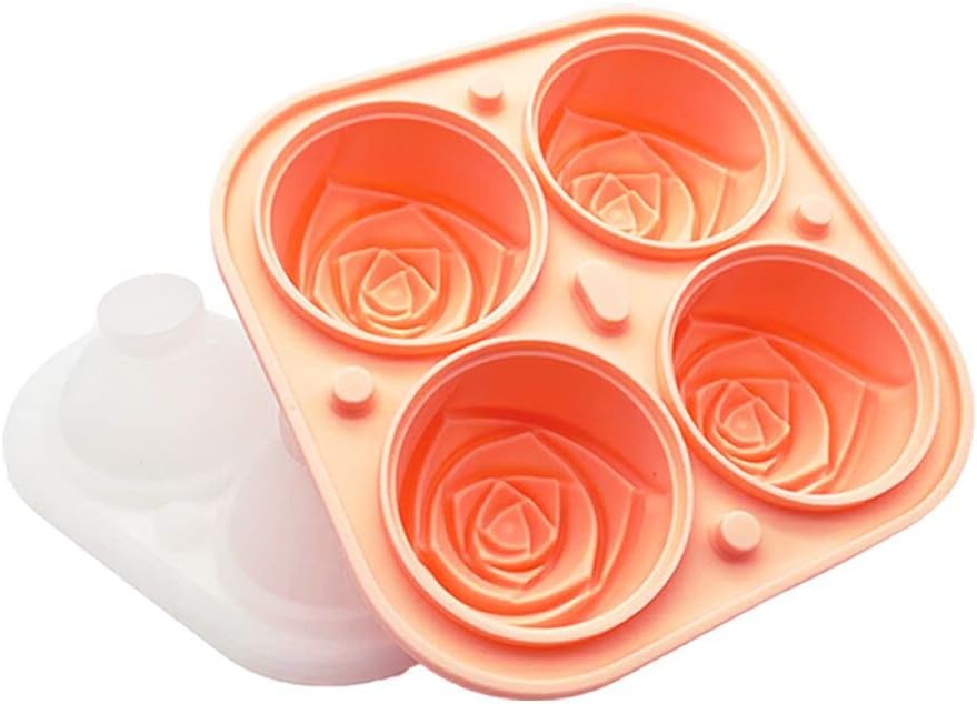 Ice Cube Trays - Easy Release Silicone Ice Cube Mold with Lid, 4 Cavity Silicone Rose Ice Ball, Large Novelty Rose Ice Molds for Cocktail with Whiskey, Freezer, (Pink)