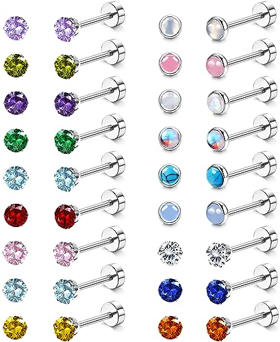 Besteel 18 Pairs Flat Back Earrings Hypoallergenic Stainless Surgical Steel Screw Back Stud Earrings for Women Men 20G Tiny CZ Opal Birthstone Nap Cartilage Flatback Earrings Set