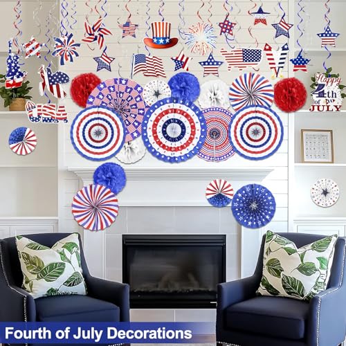 Image of 50 PCS 4th of July Patriotic Decorations in 33 Designs Red White Blue Decoration Paper Fans Pom Poms Flowers Hanging Swirls with Americans Flag Stars Memorial Day Independence Day Party Decor Favors