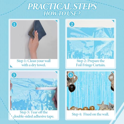 Image of DECOCKRAT 3 Pack Foil Fringe Backdrop - Pastel Blue Shiny Tinsel Curtains for Party Decoration /Photo Booth Props - 3.3x8.2 FT Metallic Foil Backdrop for Birthday, Wedding, Graduation, Christmas.