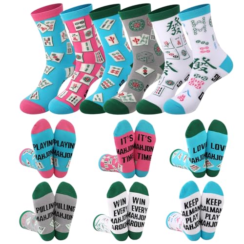 scenicamp 6 Pairs Funny Mahjong Socks for Women Cotton Cute Crew Socks Mah Jong Patterns Gifts for Mahjong Lovers(White blue pink gray)