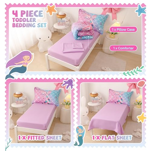 Image of VIVILINEN Toddler Bedding Set for Girls 4-Piece Mermaid Tail Toddler Comforter Sets for Baby Purple Blue Toddler Bed Bedding Baby Bedroom Set, Include Comforter, Flat Sheet, Fitted Sheet, Pillowcase