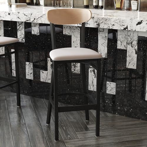 Image of Flash Furniture Wright Commercial Barstool - Natural Birch Finish Wood Boomerang Back - Gray Vinyl Seat - 500 LB. Capacity Black Steel Frame - Integrated Footrest