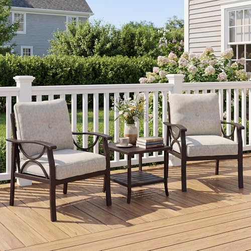 Image of FansaFurn Outdoor Patio Furniture Set, 3 Pieces Metal Patio Conversation Set with Side Table for Porch Backyard Garden, Khaki