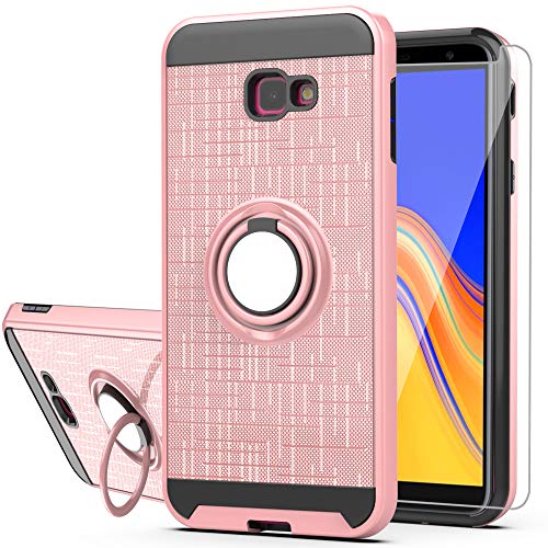 YmhxcY Galaxy J4 Plus Case, Galaxy J4 Prime Case with HD Screen Protector, 360 Degree Rotating Ring & Bracket Dual Layer Shock Bumper Cover for Samsung Galaxy J4+ Plus 2018-ZH Rose Gold
