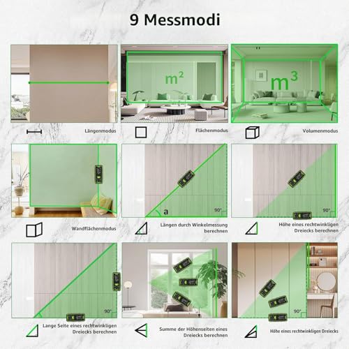 Dual Laser Entfernungsmesser, Huepar 120M Grün Laser Messgerät Entfernungsmesser mit Laser, hintergrundbeleuchtetem LCD, Messung von Entfernung, Fläche und Volumen und pythagoreischem Modus