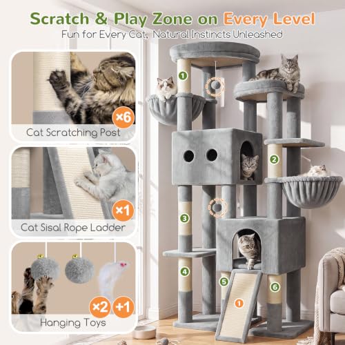 Image of Globlazer Sturdy Cat Tower for Indoor Cats 20lbs, 76in, S76E, Light Grey | Heavy Duty Cat Tree for Adult Big Cats Maine Coon with Scratching Post, 2 Extra Large Top Perch, 2 Padded Cat Condos