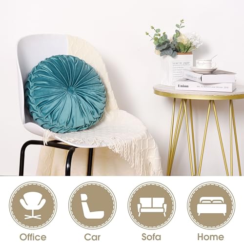 Image of HIG Set of 2 Teal Ruched Velvet Round Throw Pillows - 14.5'' Decorative Pillows with Soft Polyester Filling for Couch, Bed, Living Room, Bedroom, or Dorm - Handmade, Stress Relieving, All-Season