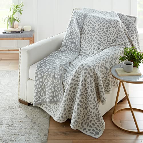 Crafted By Catherine Leopard Print Cozy Knit Throw Blanket 60" X 70" Inches, Soft Comfy Decorative Throw For Couch Bed Sofa Travel, Snow Leopard Ivory And Gray #TOP18