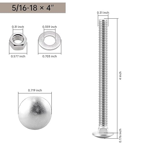 Miniatura 35 de Glvaner Tornillos de acero inoxidable de 3/8-16 x 3-1/2 pulgadas, cabeza redonda, cuello cuadrado, tuercas hexagonales y arandelas planas, acero