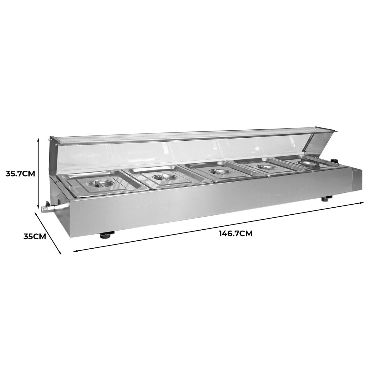 Espositore Bagnomaria in Acciaio Inox con 5 Vaschette da 7L – Ideale per Ristoranti, Takeaway e Catering – Vetrina in Vetro, Termostato 30–110°C, Facile da Pulire con Scarico Laterale
